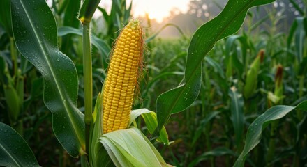 Vibrant cornfield landscape featuring ripe yellow corn ear surrounded by lush green leaves
