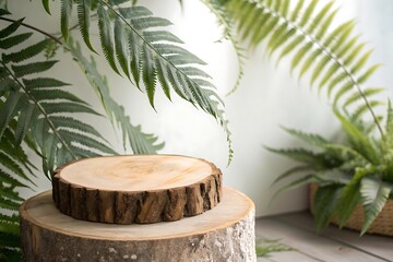 Wooden display stand with ferns. Natural product presentation.