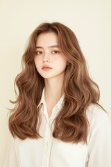 Fototapeta premium Young Woman with Long Wavy Brown Hair Wearing a White T-Shirt