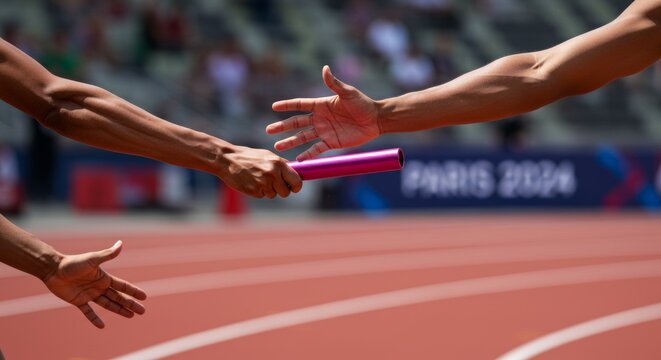 Dynamic baton exchange during relay race highlighting teamwork and competition