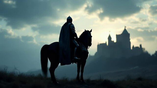 Medieval Knight on Horseback Approaching a Castle at Sunset &ndash; Fantasy and History Concept