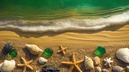 A vibrant beach scene displaying colorful starfish, seashells, and smooth stones, elegantly illuminated by the water's edge, evoking feelings of joy and connection with nature.