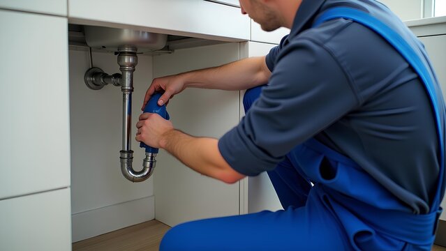 Professional plumber wearing a blue uniform crouched under a sink, repairing a leaking pipe, skilled worker