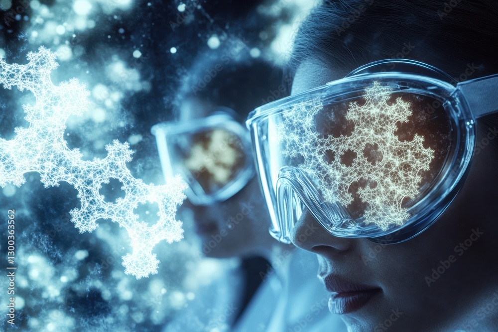 Poster scientists wearing goggles observe molecular structures in a high-tech laboratory setting
