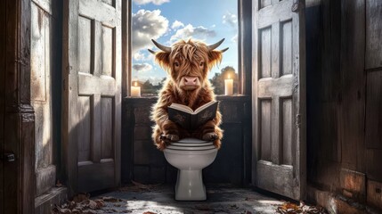 This whimsical image features a cow seated on a toilet reading a book in an old room, blending humor and the absurd in a unique, light-hearted composition.