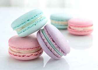 Obraz premium A delicious selection of pastel-colored French macarons, showcasing their light and airy texture on a bright white background.
