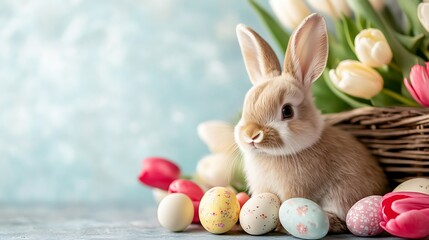 Adorable Brown Bunny with Pastel Easter Eggs and Tulips