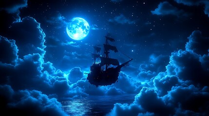 Mysterious ship sailing clouds night moon