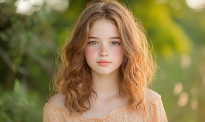 Obraz premium Freckled Girl with Curly Light Brown Hair in a Peach Top