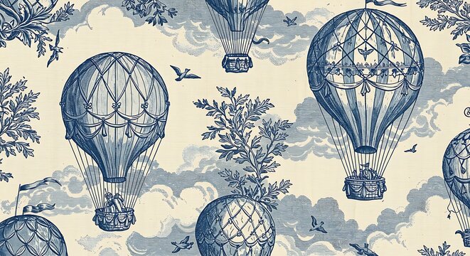 Seamless pattern of Toile de Jouy hot air balloons.
