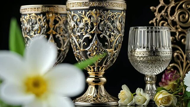 Couple Golden Antique Vintage Brass Shot Glass Gilded on black background. metal Wine Cup goblet with Carving Engraving pattern.