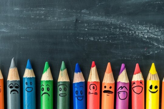 Wooden pencils arranged in rows on a black chalk board and drawings of facial expressions - Powered by Adobe