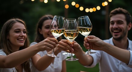 Happy friends having fun outdoor. Group of friends having backyard dinner party together. Young people sitting at bar table toasting wine glasses in vineyards garden