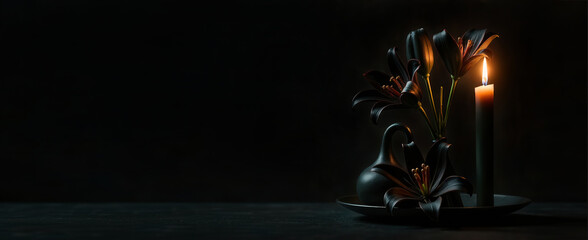 Condolence card template with black lily burning candle on black background with empty space for text. Funeral service business card mockup design. Memorial day banner with copy space. Mourning death.