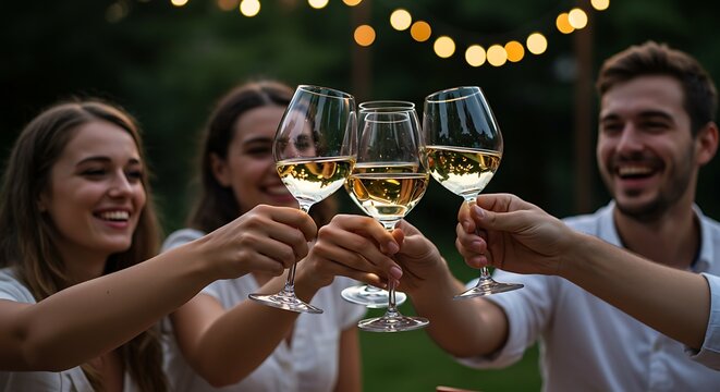 Happy friends having fun outdoor. Group of friends having backyard dinner party together. Young people sitting at bar table toasting wine glasses in vineyards garden