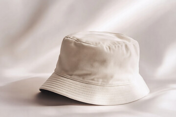 Mockup white bucket hat on a soft neutral backdrop