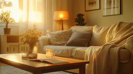 A warm living room with a sofa and coffee table, radiating comfort and relaxation.