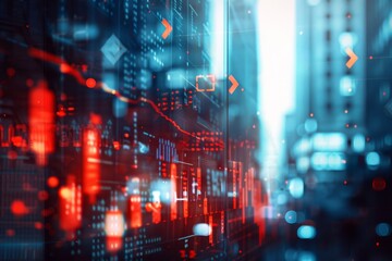 Fototapeta premium Double exposure effect, up arrows and stock market graphs on office buildings background