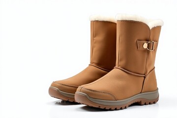 Tan suede winter boots with fur trim, isolated.