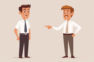 Two cartoon businessmen engaging in a discussion, one pointing while the other listens attentively