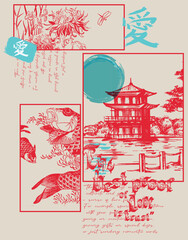 japanese theme, japan, culture art, t shirt, tee, men, women, girls, grey background, graphic print, poster, fashion, placement graphic, vector artwork