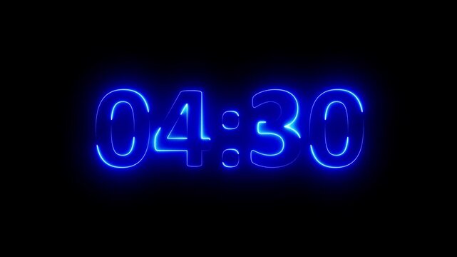 Animation of glowing neon 5 minute countdown timer .5 minute stopwatch , analog neon clock icon animation .