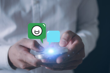 Social Media Man hand using smartphone typing live chat chatting on application communication digital web and social network concept. Social media application chat box