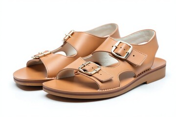 Naklejka premium Tan leather children's sandals with buckle straps, isolated.