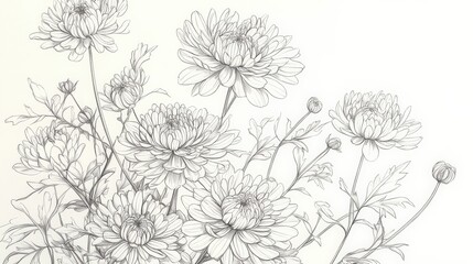 This striking black and white sketch artfully captures the delicate intricacies of blooming flowers, showcasing a blend of detailed lines and organic beauty in nature.