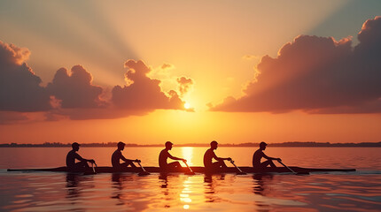 Scenic Golden Sunset Silhouetted Rowers on Calm Water Team Sport
