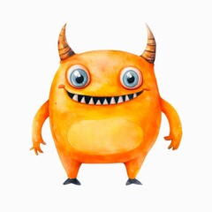 Watercolor illustration of a cute little orange monster isolated on white background.