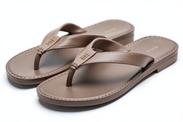 Tan leather children's sandals with buckle straps, isolated.