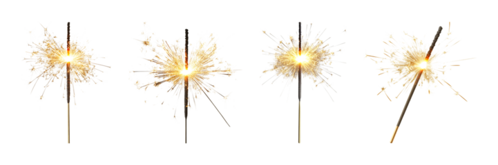 Set of A golden firework sparkler burning brightly isolated on transparent background, in PNG format, cut out