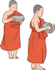 The novice monk is walking for alms.