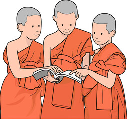 Three novice monks are reading books.