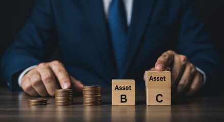 Strategic asset allocation represented by stacked coins and labeled wooden blocks