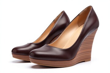 Burgundy leather wedge heel shoes with rope trim, isolated...