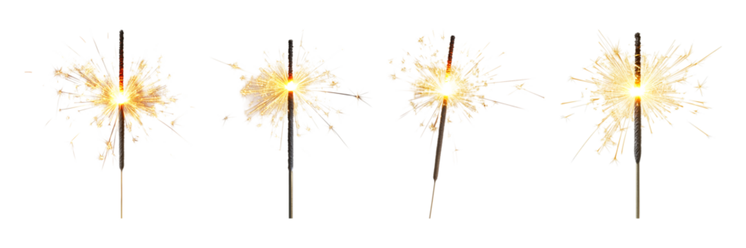 Set of A golden firework sparkler burning brightly isolated on transparent background, in PNG format, cut out