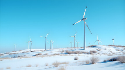Winter Snow Wind Farm - Clean Sustainable Renewable Energy under Blue Sky