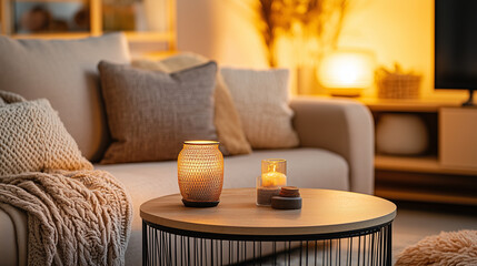 A warm living room with a sofa and coffee table, radiating comfort and relaxation.