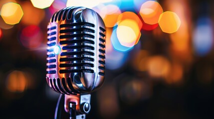 Vintage microphone with glowing sound wave symbolizing voice technology, set against dark background with copy space. Concept of audio innovation and communication.