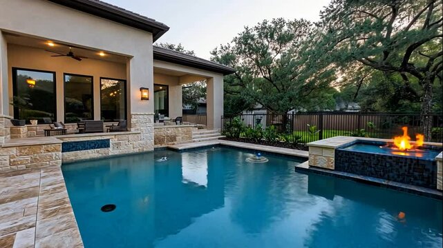 Modern backyard with a pool, spa, and outdoor seating area