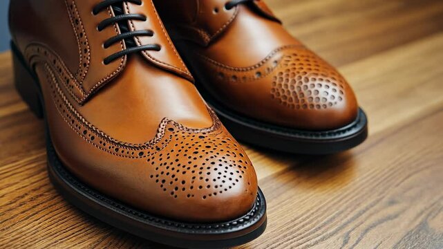 Elegant Brown Leather Brogue Shoes on Wooden Floor