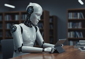 Humanoid robot with a tablet sits at a modern library desk.