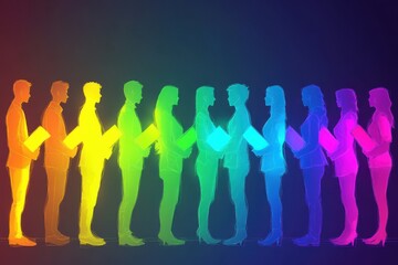 Diverse Group of Silhouetted Individuals Holding Books in a Vibrant Rainbow Gradient Displaying Unity and Collaboration in Education and Knowledge Sharing