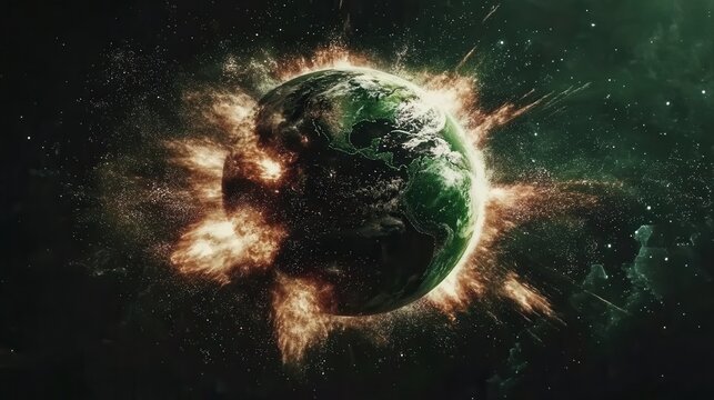 A dramatic depiction of Earth engulfed in cosmic explosions, representing the fragility of our planet amidst the vastness of space and its potential destruction.