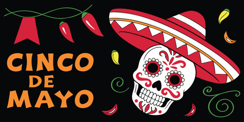 Cinco de Mayo Holiday Design with Sugar Skull and Festive Elements