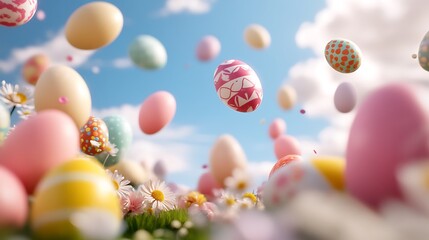 Pastel Easter Eggs Flying Over Daisy Field Under Blue Sky