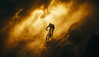 Fototapeta premium Dramatic Mountain Biker in Misty Landscape with Golden Backlight