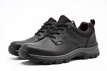 Durable black safety shoes with a steel toe, isolated on a clean white background, showcasing their robust design and protective features for industrial or construction work.